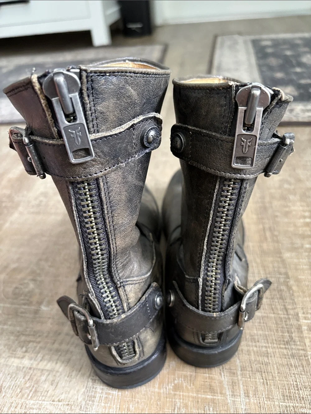 Frye Metallic Gray Leather Ankle Buckle Boots